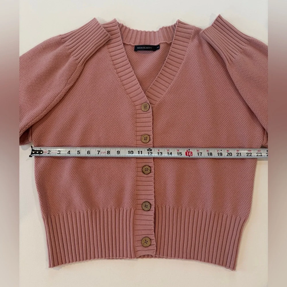 Merokeety Blush Pink Exposed Hem Sleeve Ribbed Stretchy Button-Up Cardigan Large - Picture 4 of 15